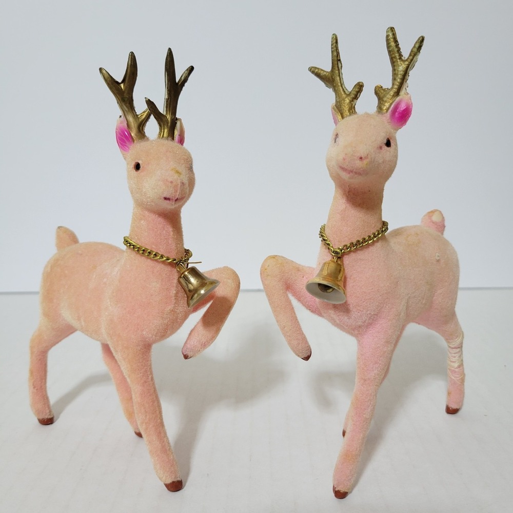 Vtg Flocked Pink Reindeer Deer Lot of 2 Christmas MCM Fuzzy Kitschy 6.5" READ